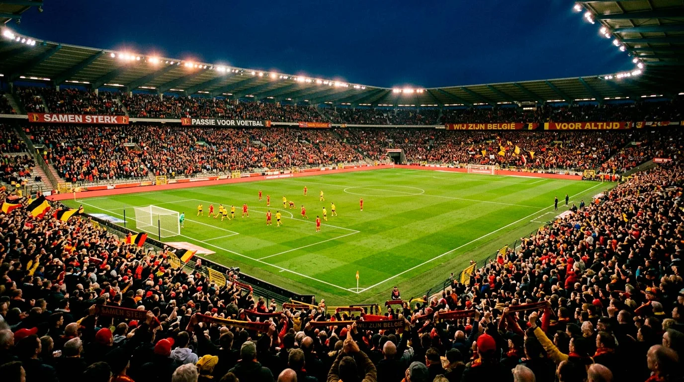 Vol Belgisch voetbalstadion tijdens een avondwedstrijd van de Pro League met enthousiaste supporters op de tribunes