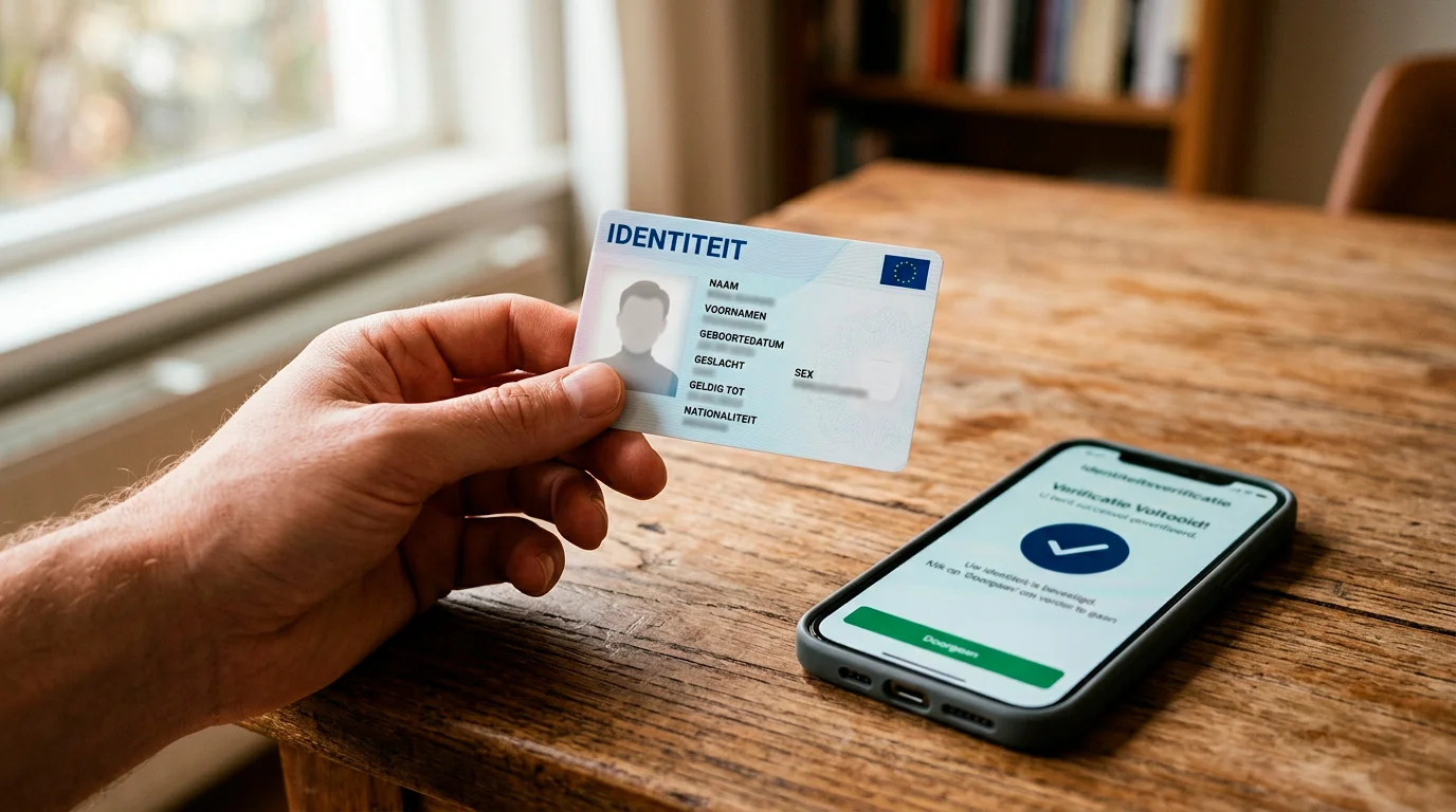 Hand houdt een Belgische identiteitskaart naast een smartphone met een eenvoudig verificatiescherm voor identiteitscontrole