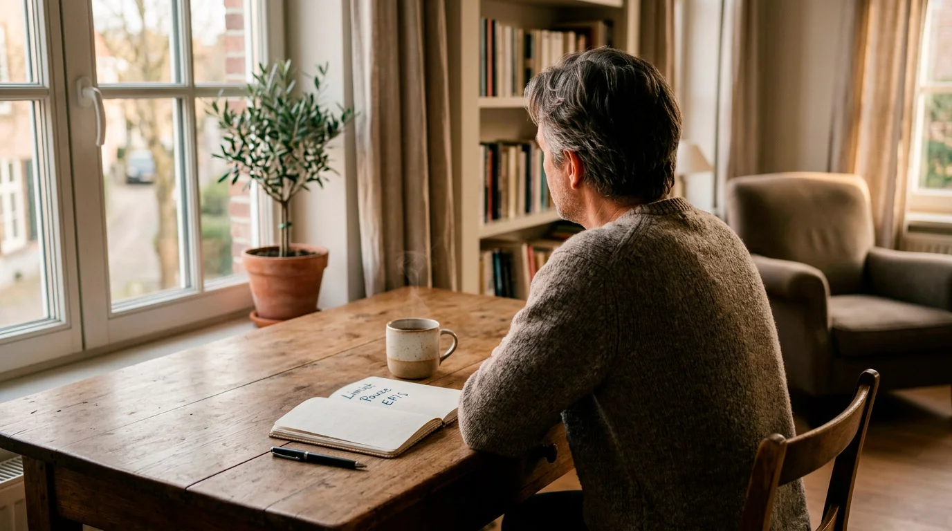 Persoon zit rustig aan een tafel bij een raam met een notitieboekje en een kop koffie, in een ingetogen reflecterende sfeer